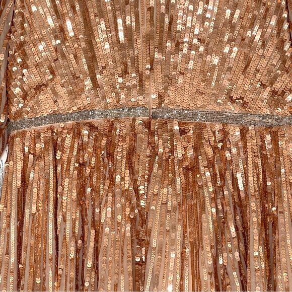 Mac Duggal 5509 Sequin Wrap Over 3/4 Bishop Sleeves Gown, Apricot, Size 16 - Picture 5 of 9